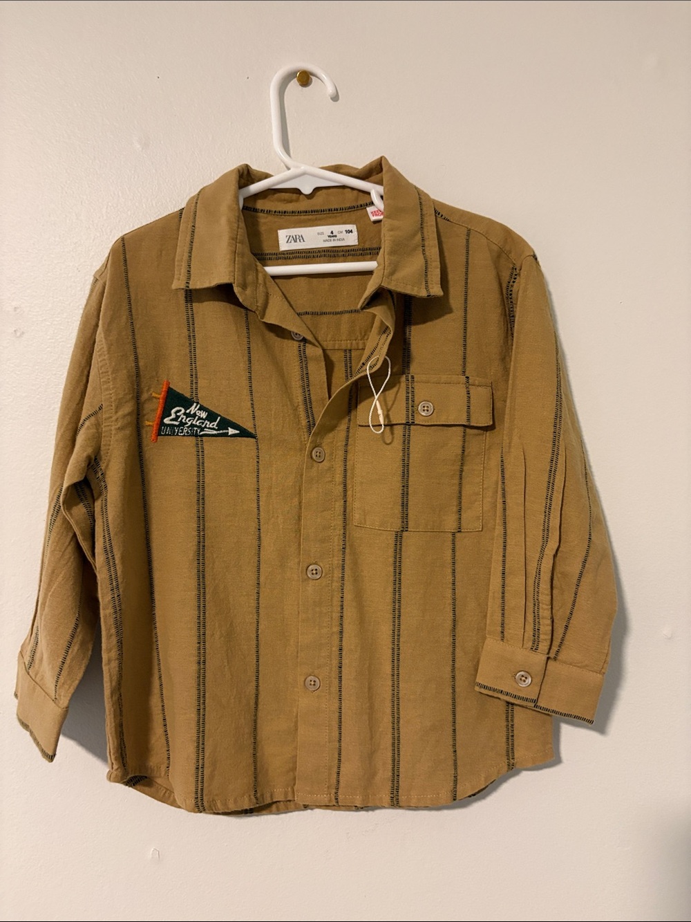 Zara Boys Tan Striped Button-Down Shirt with Patch